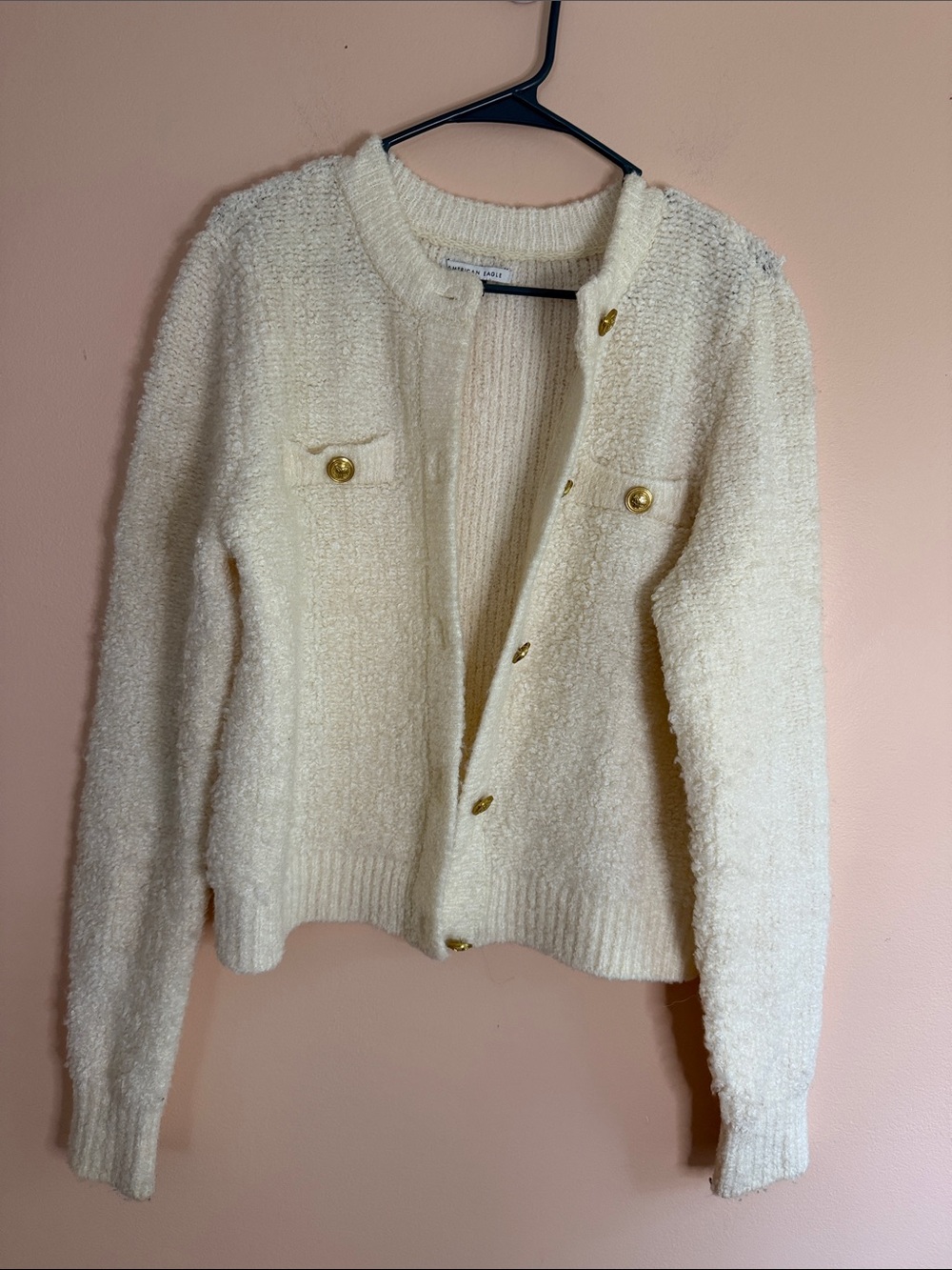 American Eagle Outfitters Cream Bouclé Gold-Button Jacket